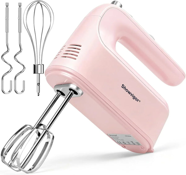 Electric Hand Mixer, 300W Handheld Mixer with 5 Stainless Steel Accessories, 5 Adjustable Speeds + Turbo Boost & Self-Control, One-Button Eject, Food Beater for Cakes, Eggs, Dough (Pink)1