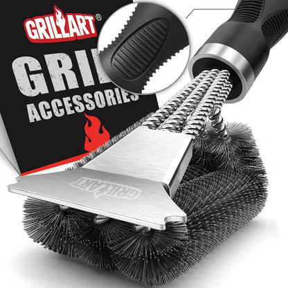 Grill Brush, 18'' Extra-Strong Handle, BBQ Cleaner with Scraper | Remove Tough Grime, Triple Safe Wire Bristle Scrubbers, for Gas, Charcoal & Smoker, Steel Grates, 360°Wizard Cleaning1