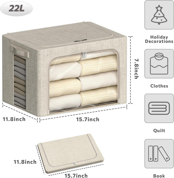 4 Pack Clothes Storage Bins with Metal Frame - 22L Stackable Storage Box with Lid，Foldable Storage Container Organizer for Clothes，Linen Fabric Storage Box with Clear Window＆Zippers＆Handles4