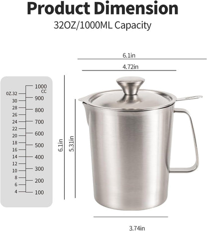 304 Stainless Steel Measuring Cup with Lid, Strainer, 32Oz Pitcher for Milk2