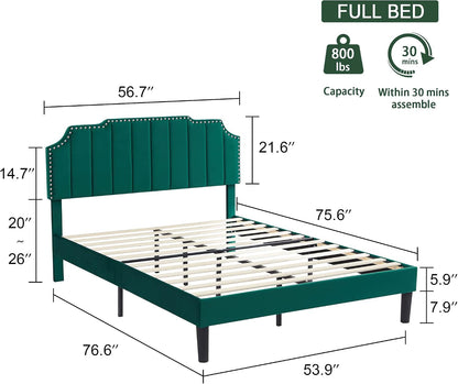 Full Size Velvet Upholstered Platform Bed Frame with Nailhead Trim,Tufted Height Adjustable Headboard,Full Bed with Wooden Slats/Mattress Foundatio/No Box Spring Needed/Under Bed Storage2
