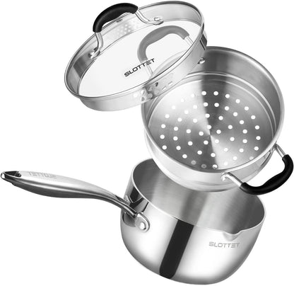 Tri-Ply Full Body Stainless Steel Sauce Pan with Steamer,1.5 Quart Small Multipurpose Pasta Pot with Strainer Glass Lid, Saucepan with Pour Spout for Cooking Stay-Cool Handle.1