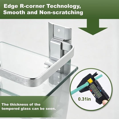 Bathroom Glass Shelf 15.7" Silver Wall-Mounted, Floating Metal Storage Rack6