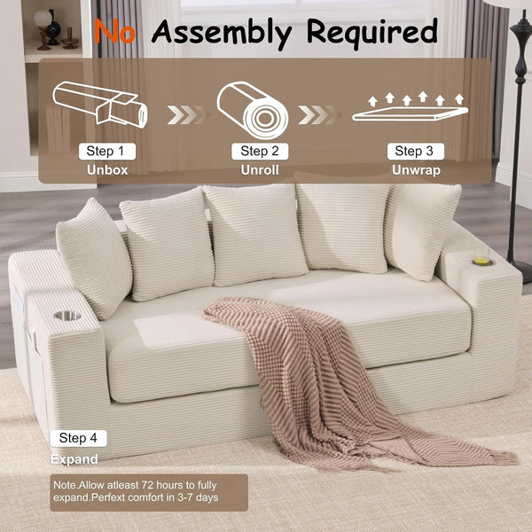 76" Convertible Sofa Bed, Corduroy Boneless Couch with Cup Holders & Pocket7