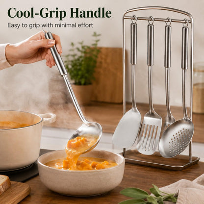 Cooking Utensils Set - 4 Pcs Stainless Steel Kitchen Utensils Set with Solid Turner, Slotted Turner, Serving Ladle, Slotted Spoon, Wok Utensils Set with Heat Resistant Handle, Dishwasher Safe4