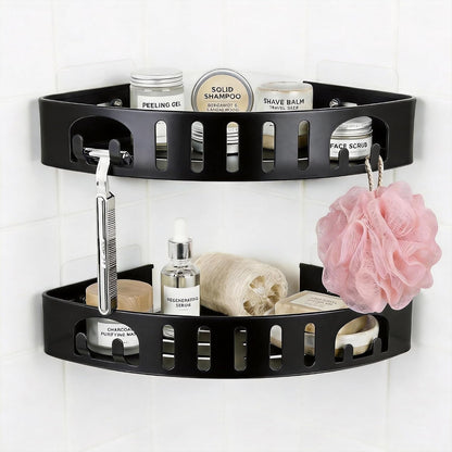 Adhesive Corner Shower Caddy with Hooks,No Drill Aluminum Shower Shelf 2PCS1