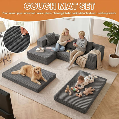 79" Modular Sectional Sofa, Boneless Convertible Sleeper Sofa Bed, Modern Tri-Folding Cloud Couch with L-Shape Chaise, Corduroy Futon for Living Room Small Spaces Apartment, No Assembly,Grey4