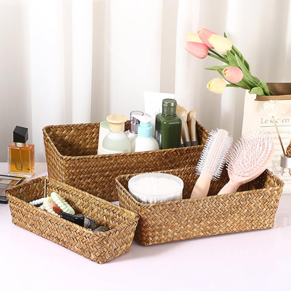 3 Natural Wicker Basket Set Rectangular Seagrass Basket, Caramel7