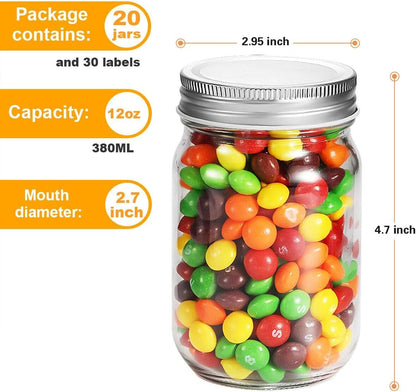 Mason Jars 12 Oz 20 Pack Glass Jars with Silver Lids Food Storage | Regular Mouth Canning Jars for Pickles,Meal Prep,Crafts with 20 Labels and 1 Pen.Food Storage Frascos De Vidrio Con Tapa Para4