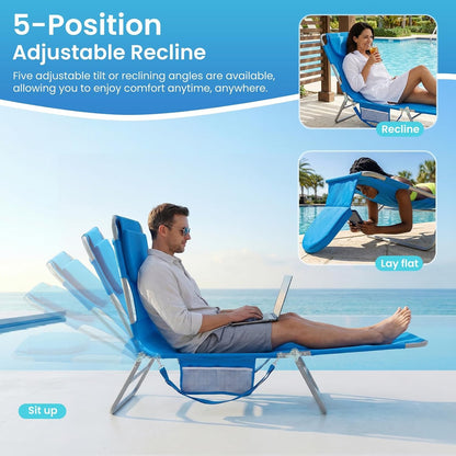 Lounge Chair Outdoor, Beach Tanning Chair with Face Hole, Blue | 5-Position Adjustable Sunbathing Tanning Chair, Foldable Portable Chaise Lounge by Pool Patio Lawn Camping Reading, Arm Hole5