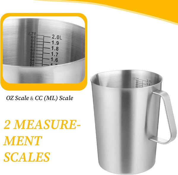 Stainless Steel Measuring Cup with Handle and Pour Lip, 2000Ml 70OZ Metal Pitcher with Oz and ML Marking, Heavy-Duty Milk Frothing Jug for Coffee Latte Art, Commercial and Home Kitchen3