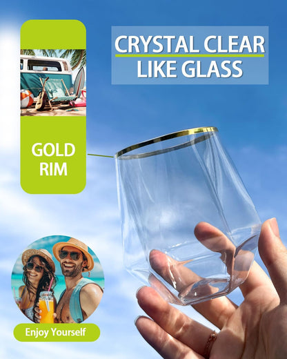 40 Pack Plastic Wine Glasses, 12 Oz Disposable Cocktail Whiskey Glasses | Gold Rimmed Diamond Stemless Champagne Margarita Glasses, Clear Unbreakable Reusable Plastic Cups for Party Wedding Birthday3