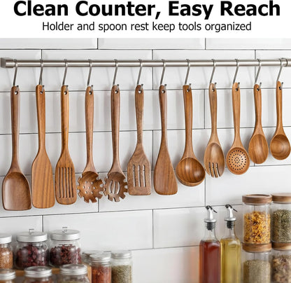 Wooden Spoons for Cooking, 12-Piece Teak Wood Kitchen Utensil Set, Nonstick Safe Wooden Spatulas and Spoons, Smooth Heat-Friendly Cooking Utensils for Everyday Meals (A12)8