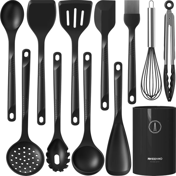 Silicone Cooking Utensils Set - 600°F Heat Resistant, Nonstick Kitchen Utensil Set with Spatulas, Spoons, Whisk, Tongs, BPA Free, Dishwasher Safe, Black1