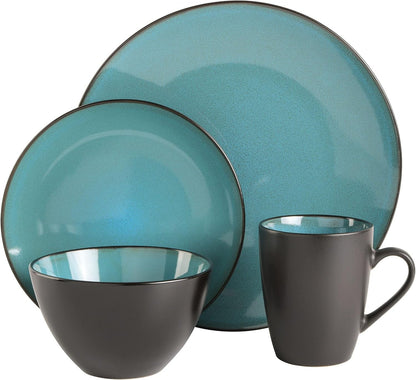 Soho Lounge 16-Piece round Reactive Glaze Stoneware Dinnerware Set, Service for 4 – Teal Plates and Bowls2