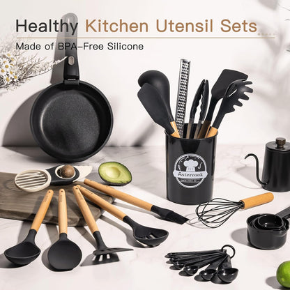 39 PCS Kitchen Utensils Set, Silicone Cooking Utensil Sets with Wooden Handle, 446°F Heat Resistant Food Grade Spatula Set, BPA Free Kitchen Gadgets Tools Set & Spoons for Nonstick Cookware3
