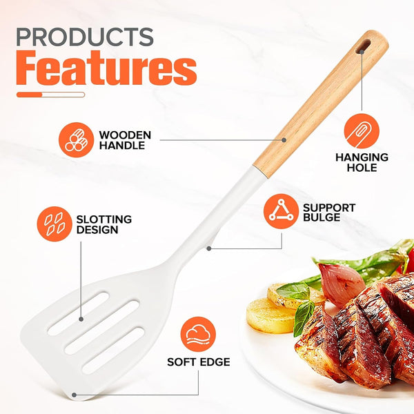 Extra Large Silicone Spatula Turner Set with Wooden Handle (White)5