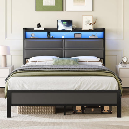 Queen Bed Frame with LED Lights and Charging Station, Dark Grey1