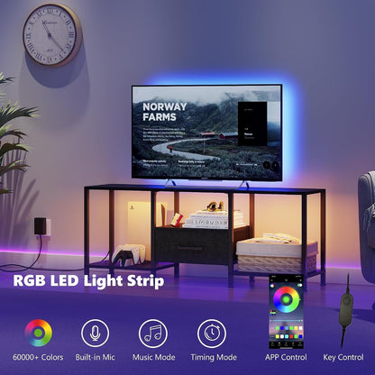 TV Stand with LED Lights, Entertainment Center with Open Shelves and Fabric Drawer, Media Console for 55 Inch TV, Television Stands for Living Room, Bedroom, Black4
