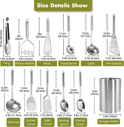 Stainless Steel Kitchen Utensils Set - 12Pcs Cooking Utensils Set with Holder, Heat Resistant Kitchen Tool Set for Cooking with Turners, Potato Masher, Spatula, Spoons, Tongs, Whisk9