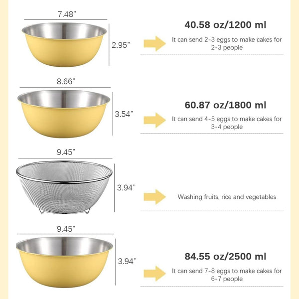 Stainless Steel Mixing Bowls and Colander Set Mixing Bowls with Scale Salad Bowl with Colander Fine Mesh Strainer Basket Baking Bowl Set Cooking Scale Bowl for Kitchen Decoration Yellow6