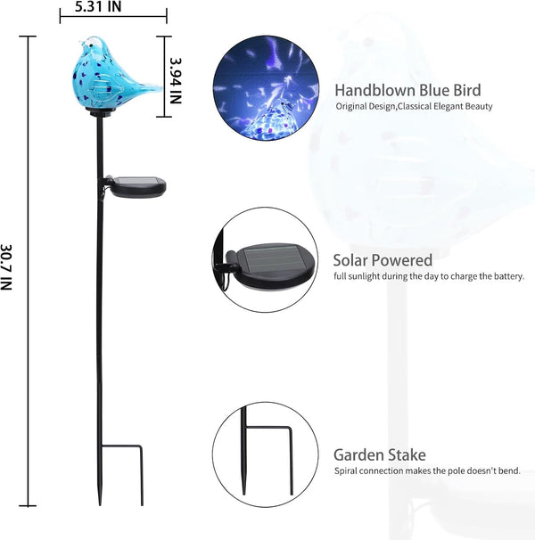 Solar Garden Stake, Hand-Blown Glass Bluebird Light Outdoor Garden Decor2