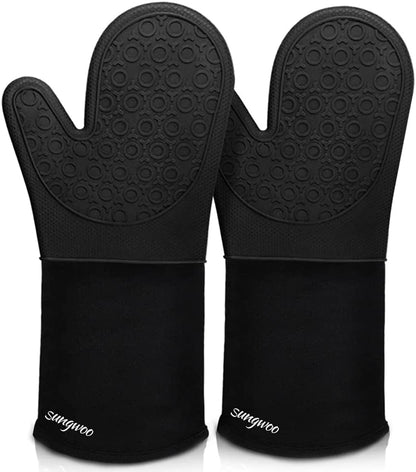 Silicone Oven Mitts - 14.6" Heat Resistant Oven Gloves for Baking, Cooking | Extra Long, Non-Slip, Textured Grip, 500°F Heat Resistant, Oven Mitts with Quilted Liner for Grilling, Easy to Clean, Black1