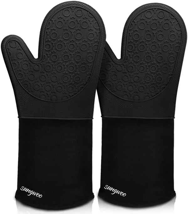 Silicone Oven Mitts - 14.6" Heat Resistant Oven Gloves for Baking, Cooking | Extra Long, Non-Slip, Textured Grip, 500°F Heat Resistant, Oven Mitts with Quilted Liner for Grilling, Easy to Clean, Black1