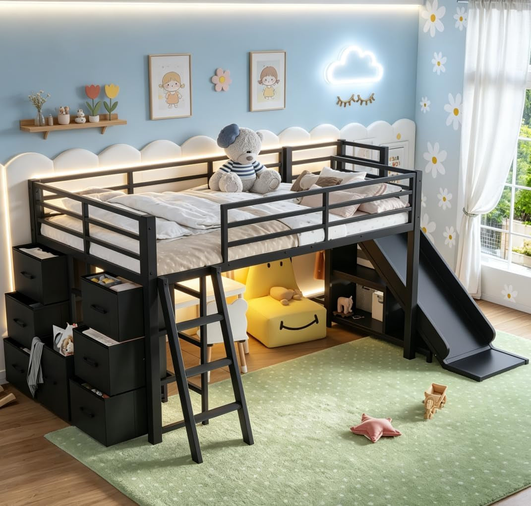 twin-low-loft-bed-with-slide-and-led-storage-drawers-and-hanging-area-2-assembly-methods-black