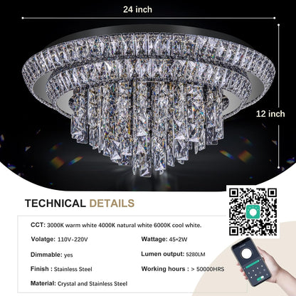 24" Flush Mount Crystal Chandeliers with Remote and App,Black Ceiling Light5