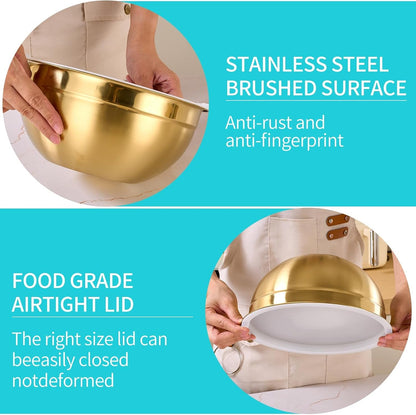 6 Piece Gold Mixing Bowls Set with Lids for Kitchen - Stainless Steel Ideal for Baking, Prepping, Cooking and Serving Food - Nesting Metal Bowls for Space Saving Storage4