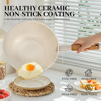 Ceramic Wok with Lid, 9.5 Inch Stainless Steel Nonstick Stir Fry Pan with Wooden Handle, Compatible with All Stovetops, PFAS Free3