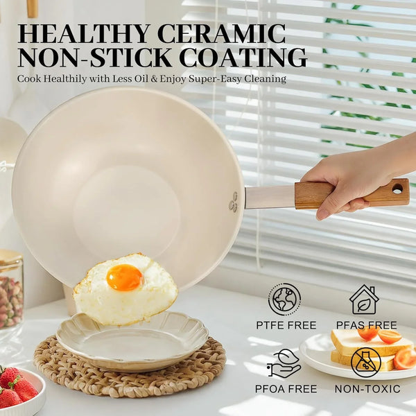 Ceramic Wok with Lid, 9.5 Inch Stainless Steel Nonstick Stir Fry Pan with Wooden Handle, Compatible with All Stovetops, PFAS Free3