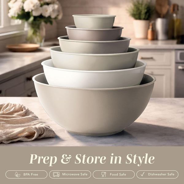 Mixing Bowls with TPR Lids - 12 Piece Plastic Nesting Bowls Set Includes 6 Prep Bowls and 6 Lids, Microwave Safe (Brown)3