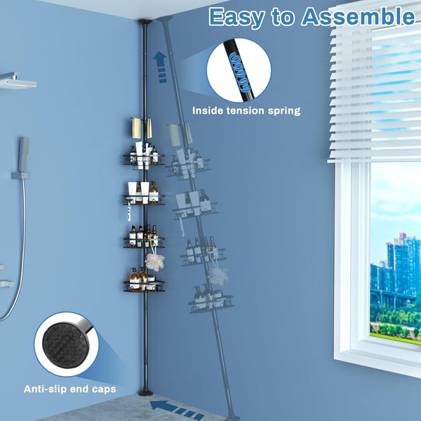 Rustproof Corner Shower Caddy Freestanding Tension Pole, 4 Large Baskets for Bathtub Shampoo Storage Organizer Bathroom Height Adjustable Shelves from 23.6 to 114.5 Inch with Towel Bar7
