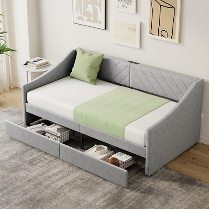 Twin Size Daybed with 2 Storage Drawers, Upholstered Daybed Frame with Charging Station, Heavy Duty Sofa Bed for Bedroom, Living Room, No Box Spring Needed,Easy Assembly1