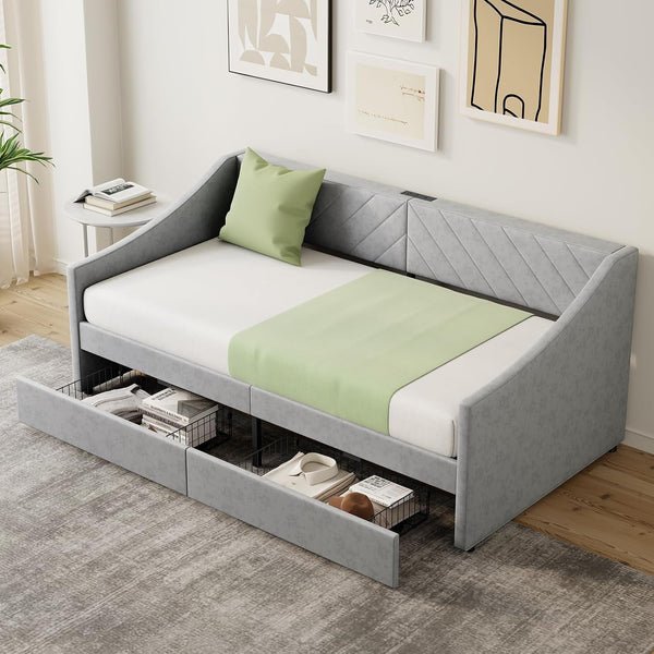 Twin Size Daybed with 2 Storage Drawers, Upholstered Daybed Frame with Charging Station, Heavy Duty Sofa Bed for Bedroom, Living Room, No Box Spring Needed,Easy Assembly1