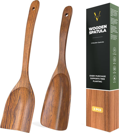 2PCS Wooden Spatula Set for Cooking, Acacia Wood Kitchen Utensils, Flat & Curved Spatulas for Nonstick Cookware, Heat Resistant, Non-Toxic, for Frying, Mixing, Flipping, Serving1