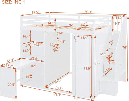 Full Size Loft Bed, Wood Bedframe with Wardrobe, Storage Stairs, Desk and Shelves for Kids Teens Adults Bedroom, White2