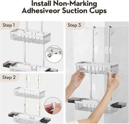 Over the Door Shower Caddy Hanging with Double Soap Holder Never Rust Aluminum Shower Shelf with 4 Hooks Hanging Bathroom Organizer No Drilling Shelves for Bathroom Storage Silver8