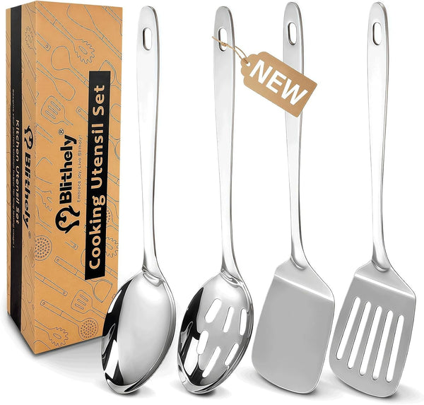 Stainless Steel Spatula Spoon Set, 4PCS Large Cooking Utensils Set with Thickened Edge, Heat Resistant Cooking Spatula Set, Metal Solid and Slotted Turners, Serving Spoon1
