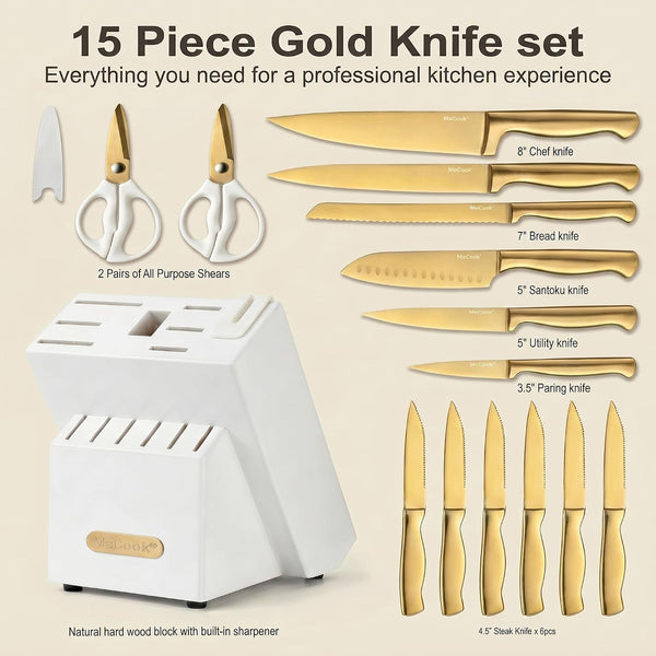 Knife Set Gold Kitchen Knife Block Set W Built-In Sharpener | German Forged Stainless Steel,15 Pc,Razor Sharp,Anti-Rust, Ergonomic Handles,Full Tang,Elegant Gold, Gift Box2