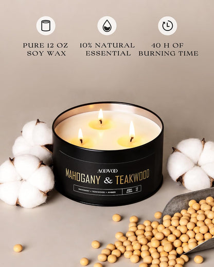 Mahogany Teakwood Candles for Men - 3 Wick 12Oz Black Scented Candle3