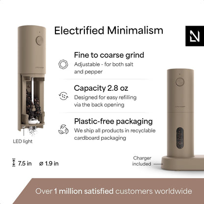 Electric Salt and Pepper Grinder Set, USB Rechargeable, Automatic Salt and Pepper Mills, Spice Shakers Refillable with LED Light, Adjustable Coarseness, Ceramic Grinder (Taupe Brown)4