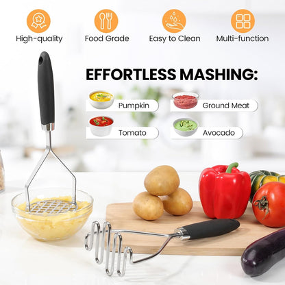 2Pcs Potato Masher Set with Silicone Handle, Premium Stainless Steel Potato Masher, Integrated & Wire Masher for Potatoes, Avocado, Vegetables and Baby Food4