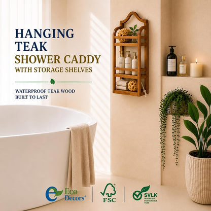 Wall Mount Teak Shower Caddy, Bathroom Organizer Shelf2