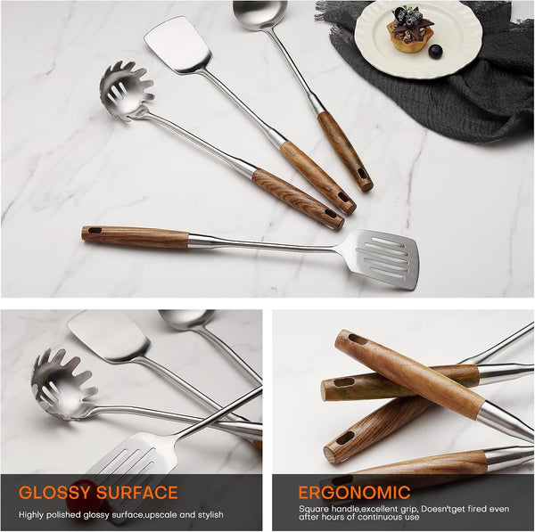 10 Pcs Cooking Utensils Set 304 Stainlss Steel Kitchen Utensils Set Heat Resistant Wooden Handle Kitchen Tools Metal Kitchen Utensil Soup Ladle Set, Dishwasher Safe4