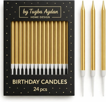 Gold Birthday Candles with Holders, 24 Pack – Long Thin Metallic Cake Candles for Birthday, Cupcakes & Party Decorations1
