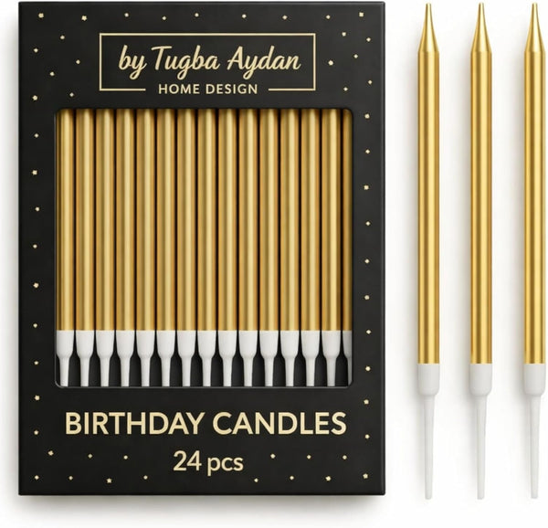 Gold Birthday Candles with Holders, 24 Pack – Long Thin Metallic Cake Candles for Birthday, Cupcakes & Party Decorations1