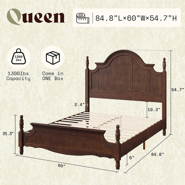 Queen Solid Wood Poster Bed with Arched Headboard, Dark Walnut2